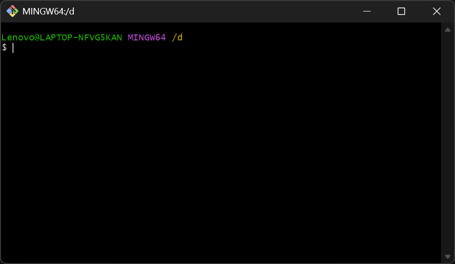 截图:刚打开的 Git Bash 终端窗口,路径为 /d