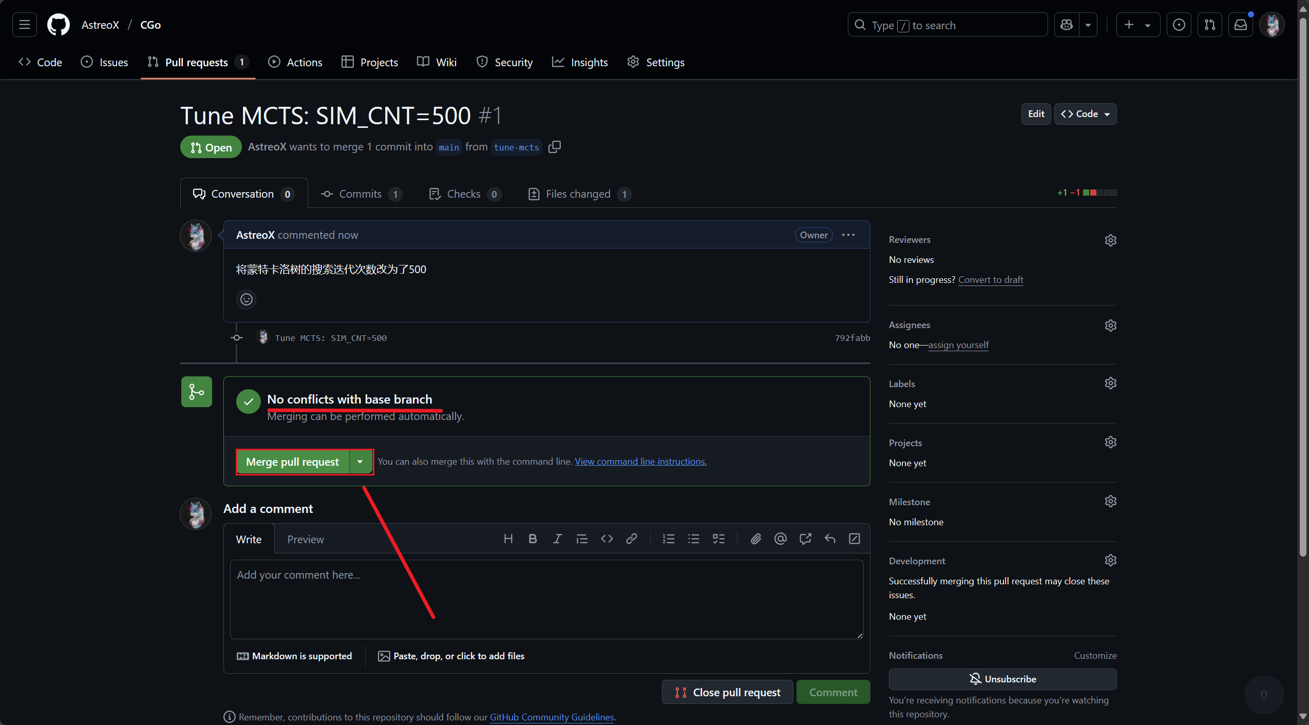 截图:PR 页面提示无冲突,红框标出 Merge pull request