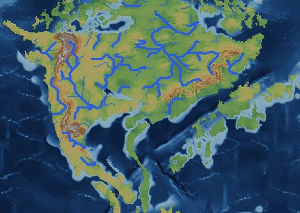 第一版的海洋:大陆架只是离岸距离的函数,所有海岸线外面都套着一圈同样宽的浅色带