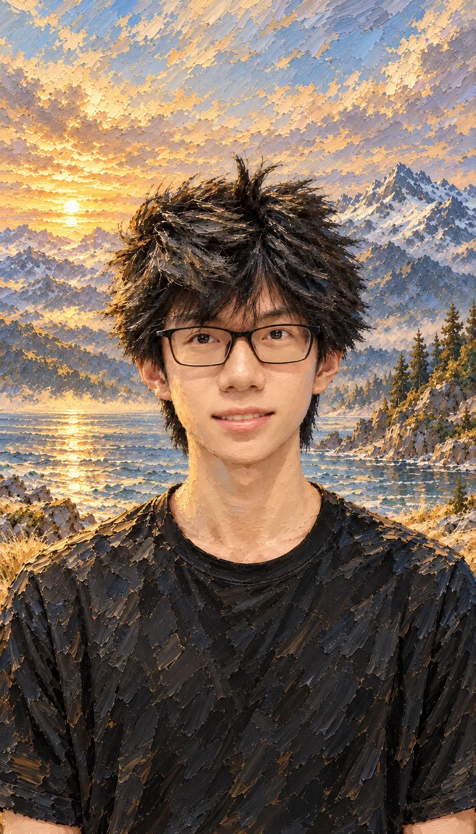 插画：戴眼镜、穿黑色 T 恤的 AstreoX，背后是海、雪山和低垂的太阳