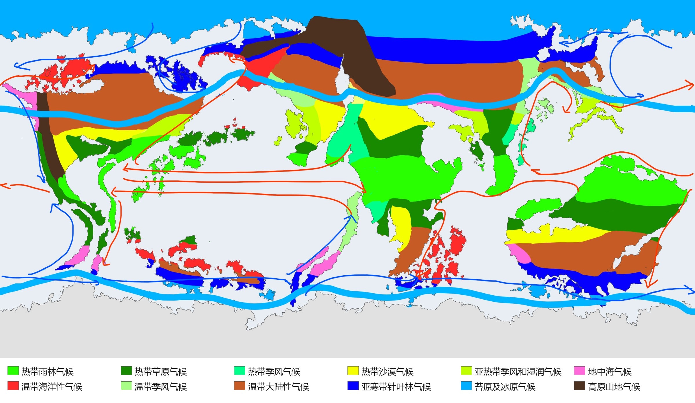 手绘的气候分区、等温线和洋流